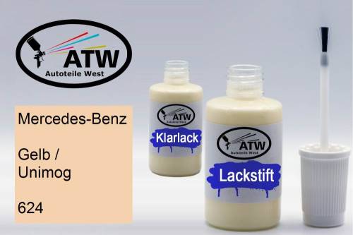 Mercedes-Benz, Gelb / Unimog, 624: 20ml Lackstift + 20ml Klarlack - Set, von ATW Autoteile West.